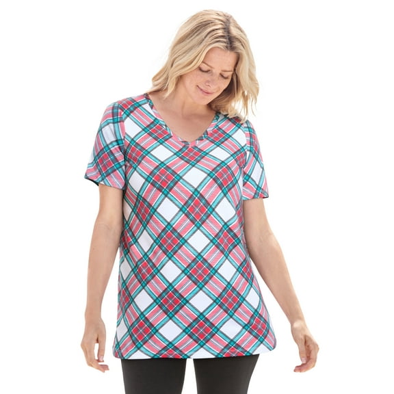 Woman Within Plus Size Perfect Printed Short-Sleeve V-Neck Tee