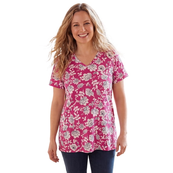 Woman Within Plus Size Perfect Printed Short-Sleeve V-Neck Tee
