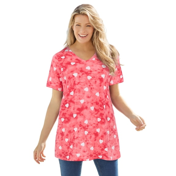 Woman Within Plus Size Perfect Printed Short-Sleeve V-Neck Tunic
