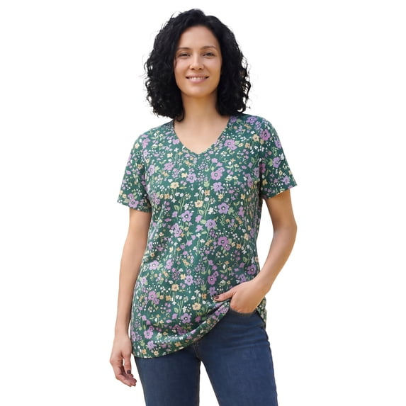 Woman Within Plus Size Perfect Printed Short-Sleeve V-Neck Tunic