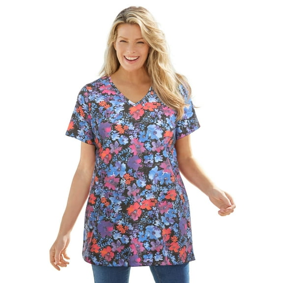 Woman Within Plus Size Perfect Printed Short-Sleeve V-Neck Tunic