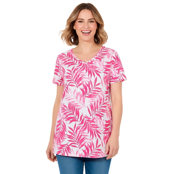 Woman Within Plus Size Perfect Printed Short-Sleeve V-Neck Tunic