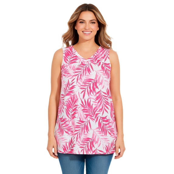 Woman Within Plus Size Perfect Printed Sleeveless Shirred V-Neck Tunic
