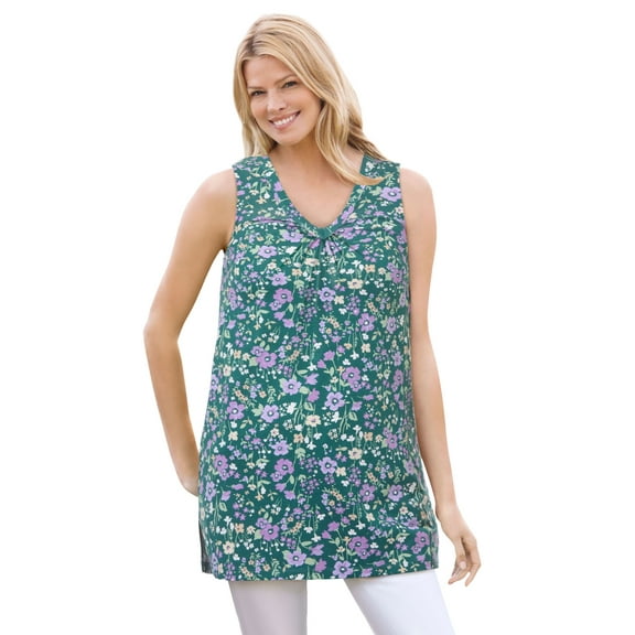 Woman Within Plus Size Perfect Printed Sleeveless Shirred V-Neck Tunic