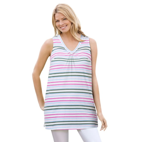 Woman Within Plus Size Perfect Printed Sleeveless Shirred V-Neck Tunic