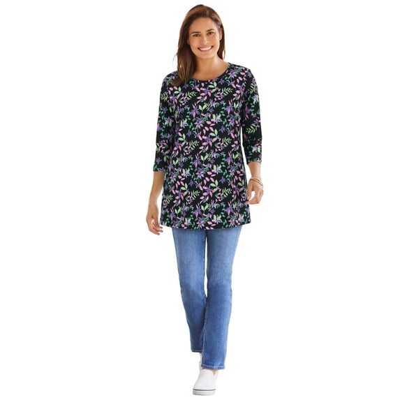Woman Within Plus Size Perfect Printed Three-Quarter Sleeve Crewneck Tunic