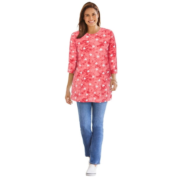 Woman Within Plus Size Perfect Printed Three-Quarter Sleeve Crewneck Tunic
