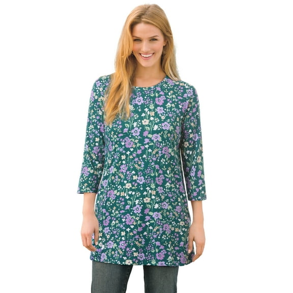 Woman Within Plus Size Perfect Printed Three-Quarter-Sleeve Scoopneck Tunic