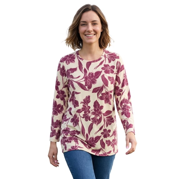 Woman Within Plus Size Perfect Printed Three-Quarter-Sleeve Scoopneck Tunic