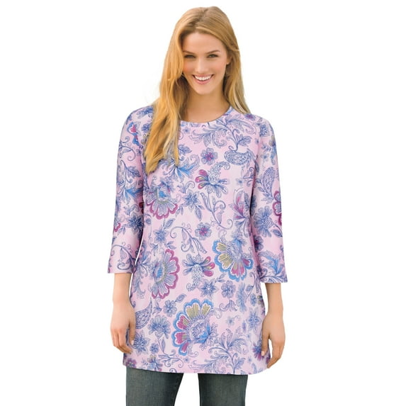 Woman Within Plus Size Perfect Printed Three-Quarter-Sleeve Scoopneck Tunic