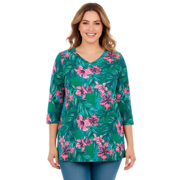 Woman Within Plus Size Perfect Printed Three-Quarter Sleeve V-Neck Tee