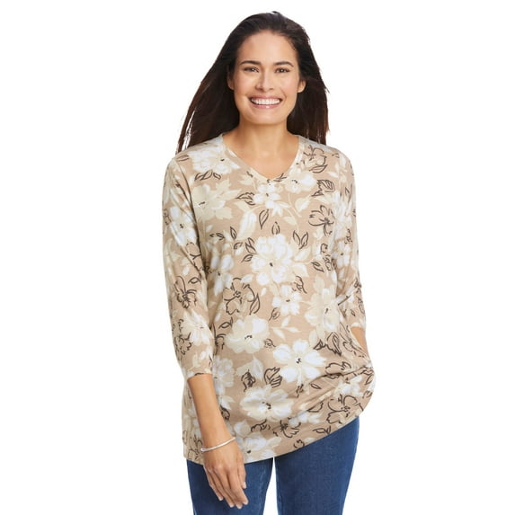 Woman Within Plus Size Perfect Printed Three-Quarter Sleeve V-Neck Tee