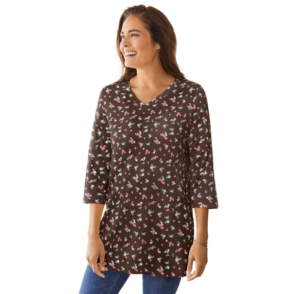 Woman Within Plus Size Perfect Printed Three-Quarter Sleeve V-Neck Tee