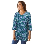 Woman Within Plus Size Perfect Printed Three-Quarter-Sleeve V-Neck Tunic