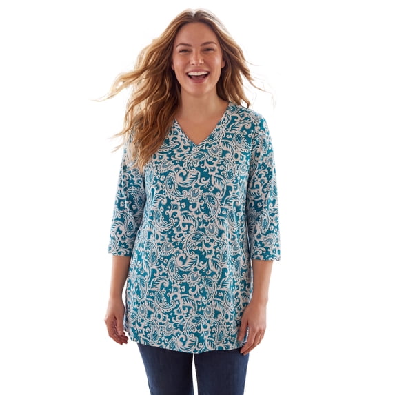 Woman Within Plus Size Perfect Printed Three-Quarter-Sleeve V-Neck Tunic