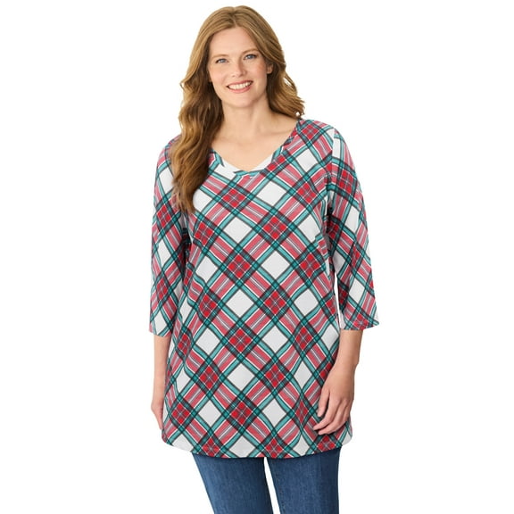 Woman Within Plus Size Perfect Printed Three-Quarter-Sleeve V-Neck Tunic