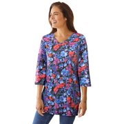 Woman Within Plus Size Perfect Printed Three-Quarter-Sleeve V-Neck Tunic