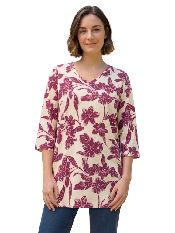Plus Size Perfect Printed Three-Quarter-Sleeve V-Neck Tunic