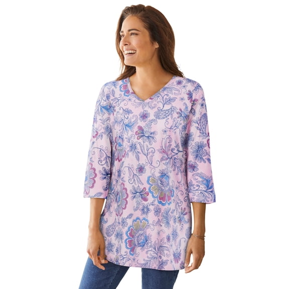 Woman Within Plus Size Perfect Printed Three-Quarter-Sleeve V-Neck Tunic