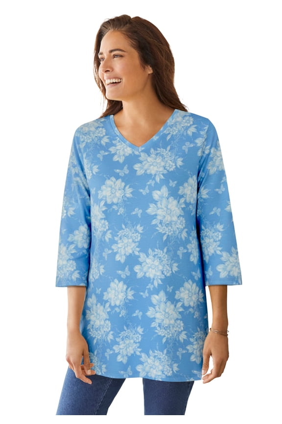 Plus Size Perfect Printed Three-Quarter-Sleeve V-Neck Tunic