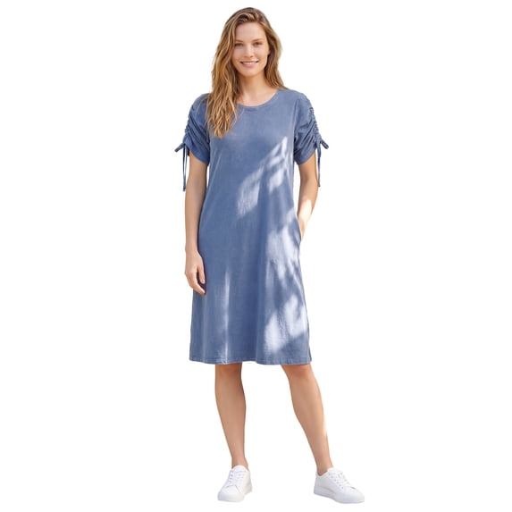 Woman Within Plus Size Perfect Ruched-Sleeve Knee-Length Short-Sleeve Tee Dress