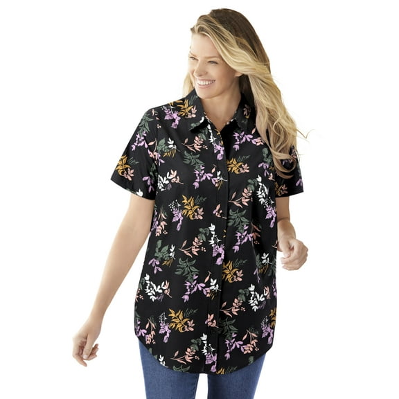 Woman Within Plus Size Perfect Short Sleeve Button-Down Shirt Oversized Tunic Blouse