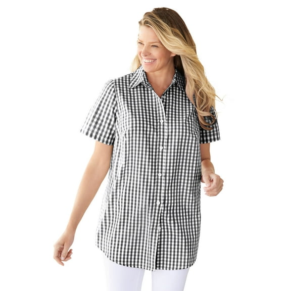 Woman Within Plus Size Perfect Short Sleeve Button-Down Shirt Oversized Tunic Blouse