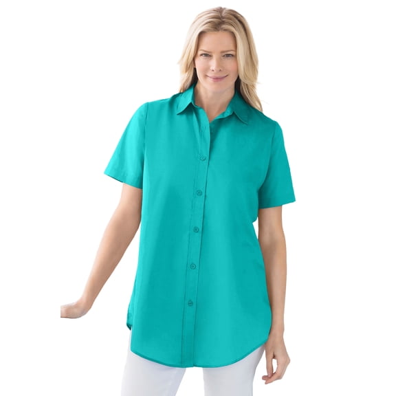 Woman Within Plus Size Perfect Short Sleeve Button-Down Shirt Oversized Tunic Blouse