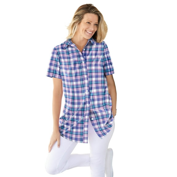 Woman Within Plus Size Perfect Short Sleeve Button-Down Shirt Oversized Tunic Blouse