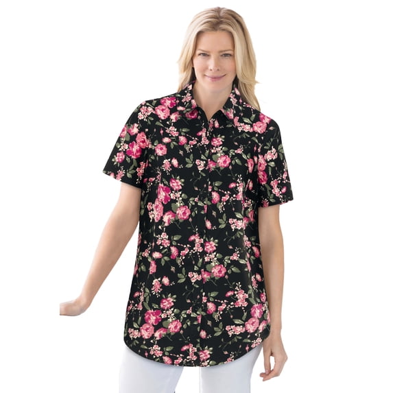 Woman Within Plus Size Perfect Short Sleeve Button-Down Shirt Oversized Tunic Blouse