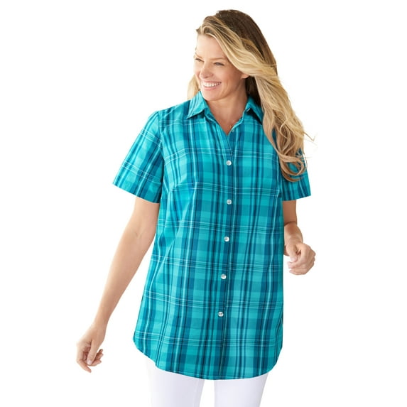 Woman Within Plus Size Perfect Short Sleeve Button-Down Shirt Oversized Tunic Blouse