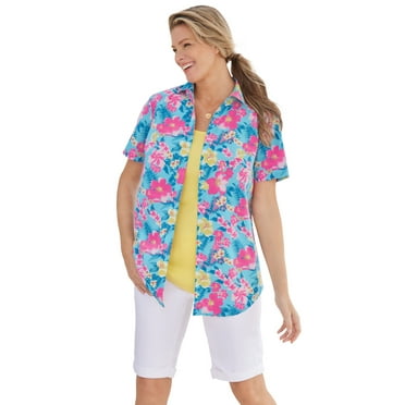 Woman Within Plus Size Perfect Short Sleeve Button-Down Shirt Oversized Tunic Blouse