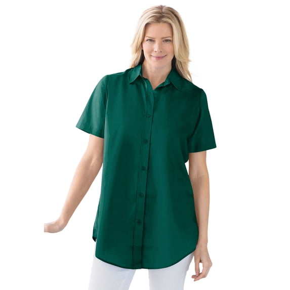 Woman Within Plus Size Perfect Short Sleeve Button-Down Shirt Oversized Tunic Blouse