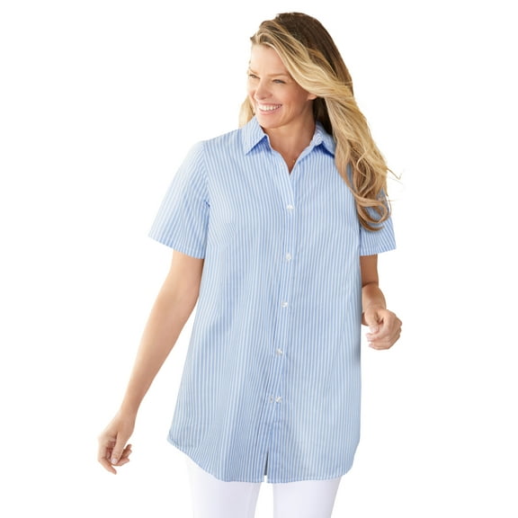 Woman Within Plus Size Perfect Short Sleeve Button-Down Shirt Oversized Tunic Blouse
