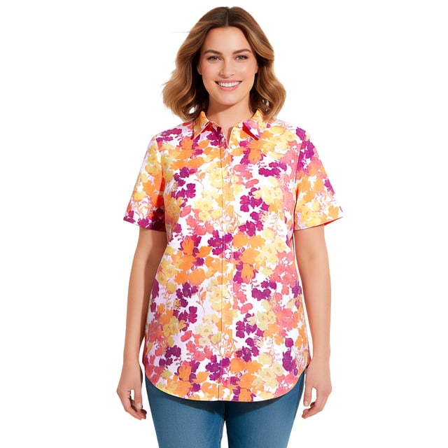 Woman Within Plus Size Perfect Short Sleeve Button-Down Shirt Oversized Tunic Blouse