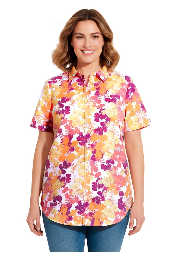 Plus Size Perfect Short Sleeve Button-Down Shirt Oversized Tunic Blouse