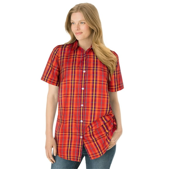 Woman Within Plus Size Perfect Short Sleeve Button-Down Shirt Oversized Tunic Blouse
