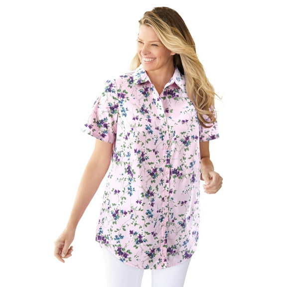 Woman Within Plus Size Perfect Short Sleeve Button-Down Shirt Oversized Tunic Blouse