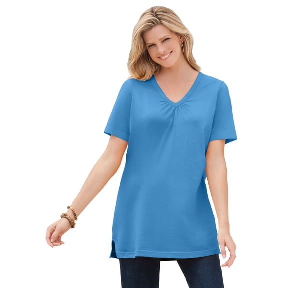 Woman Within Plus Size Perfect Short-Sleeve Shirred V-Neck Tunic