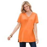 Woman Within Plus Size Perfect Short-Sleeve Shirred V-Neck Tunic