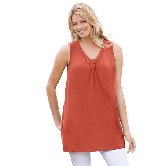 Woman Within Plus Size Perfect Sleeveless Shirred V-Neck Tunic