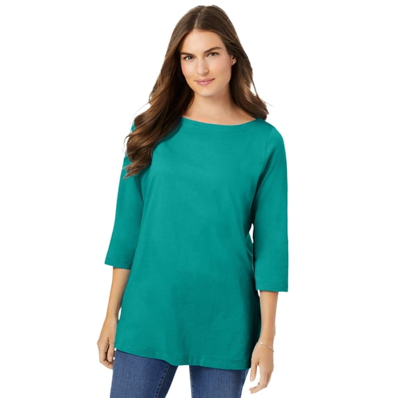 Woman Within Plus Size Perfect Three-Quarter Sleeve Boatneck Tee