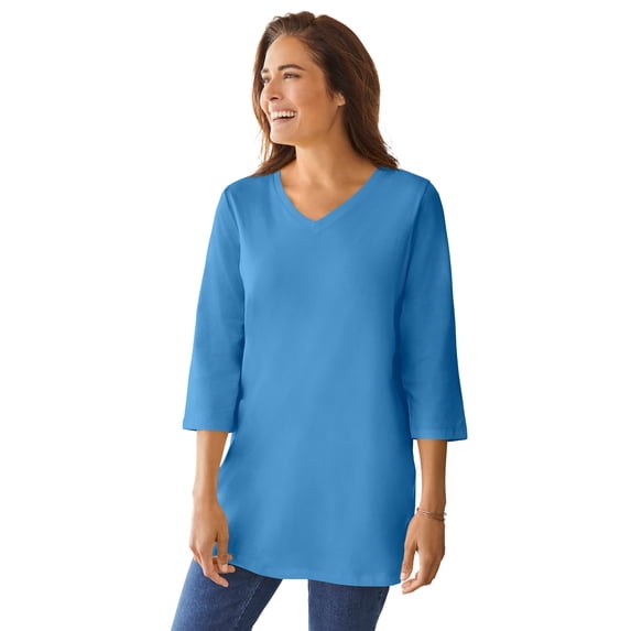 Woman Within Plus Size Perfect Three-Quarter Sleeve V-Neck Tunic