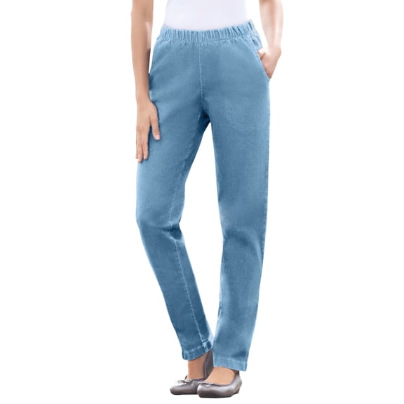 Woman Within Plus Size Petite Fineline Pull-On Elastic Waist Straight-Leg Stretch Denim Jeans
