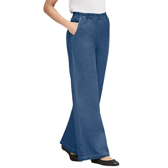 Woman Within Plus Size Petite Perfect Elastic-Waist Wide-Leg All-Cotton Pull-On Denim Jeans