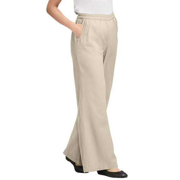 Woman Within Plus Size Petite Perfect Elastic-Waist Wide-Leg All-Cotton Pull-On Denim Jeans