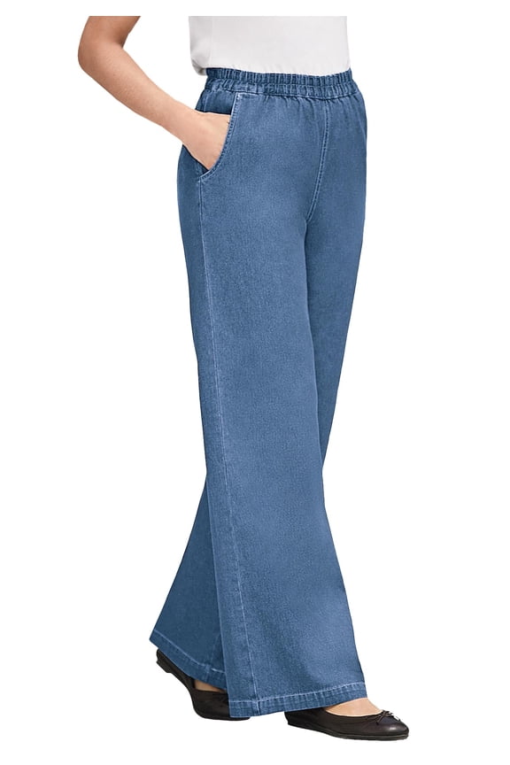 Plus Size Petite Perfect Elastic-Waist Wide-Leg All-Cotton Pull-On Denim Jeans