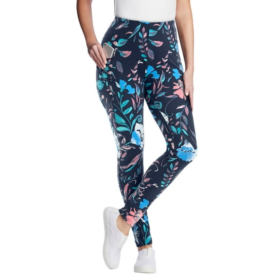 Woman Within Plus Size Stretch-Cotton Knit Pull-On Printed Pocket Leggings