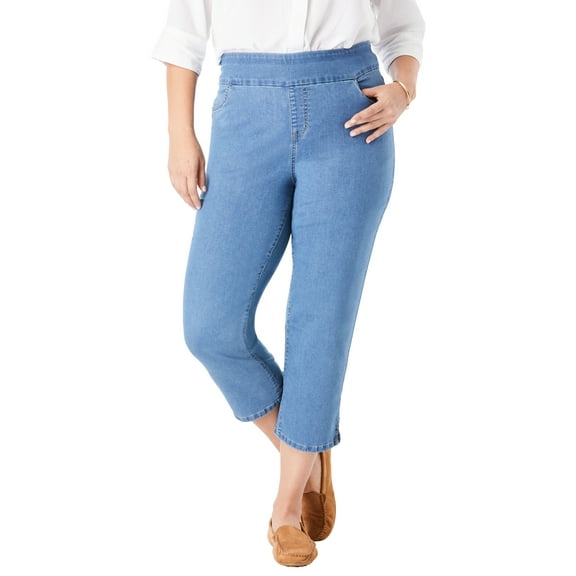 Woman Within Plus Size Petite Pull-On Elastic-Waist Stretch Denim Capri Jeans