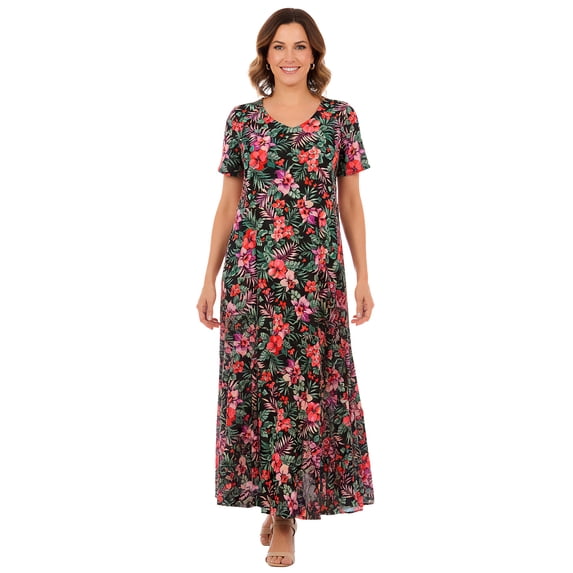 Woman Within Plus Size Petite Printed Short-Sleeve Crinkle Maxi Dress